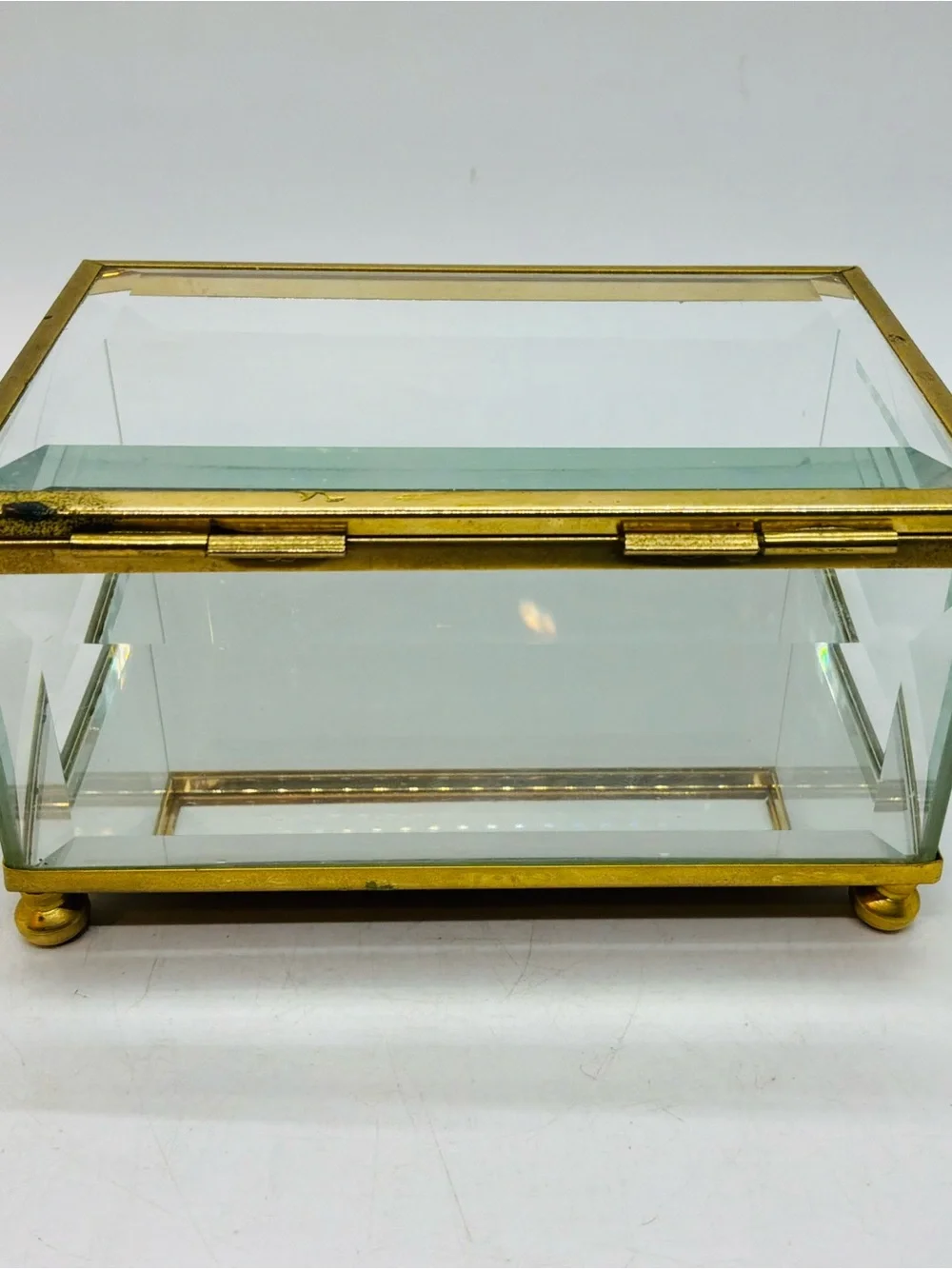 Vintage Hinged Jewelry Box Brass Beveled Glass Mirrored Trinket Jewelry Box
